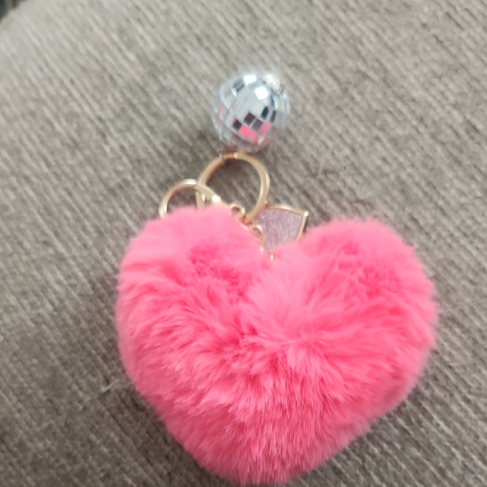 Pink Fluffy Heart Keychain with Silver Disco‎ Ball and Heart Locket